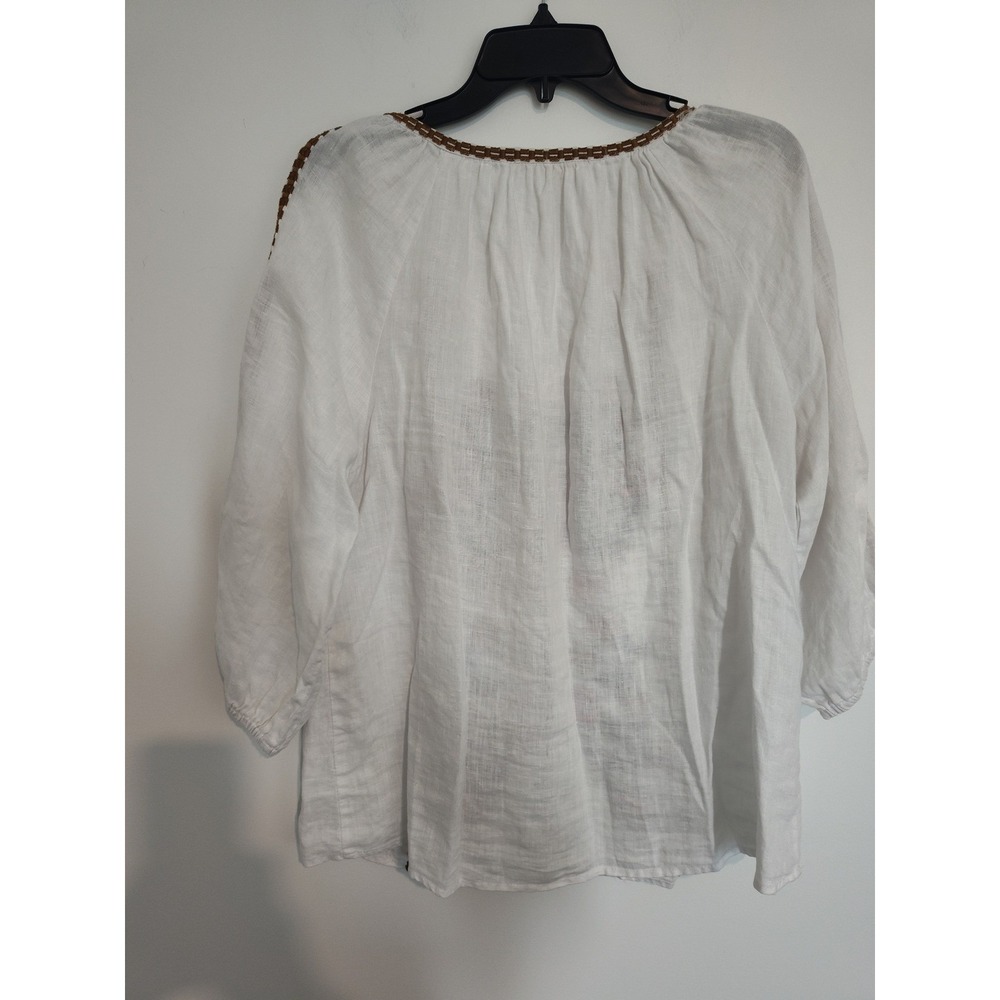 Solitaire White‎ 100% Linen Floral Embroidered Peasant Blouse Top Large 22-1095 - Picture 2 of 4